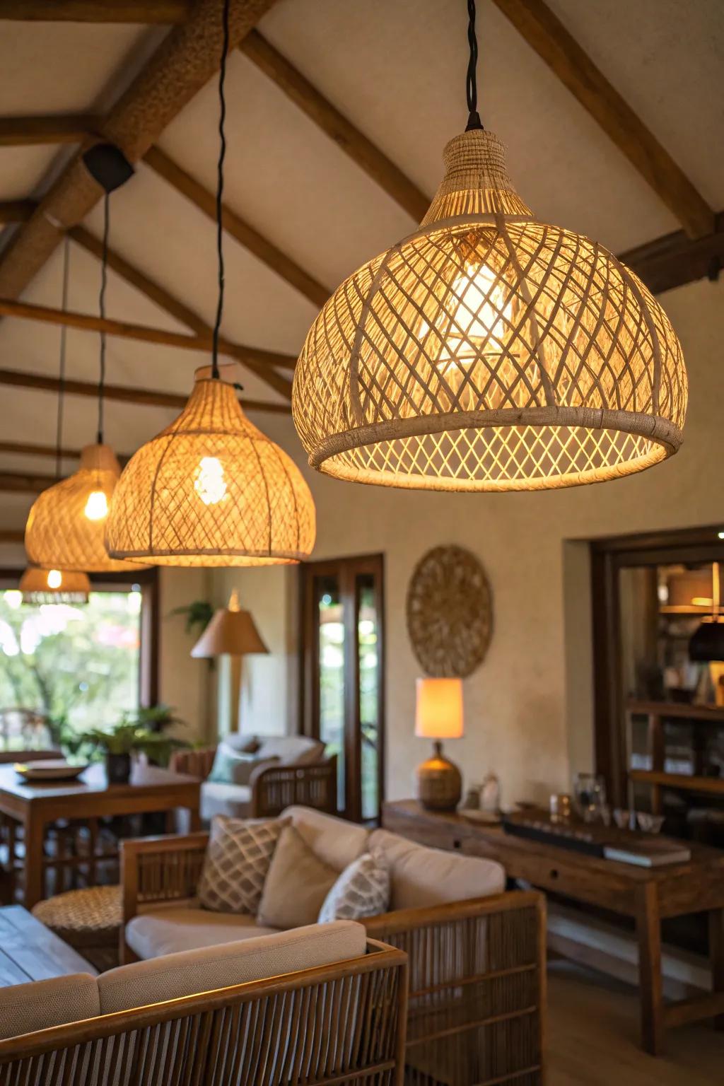 Lights that have a tropical theme add warmth and design to the room.