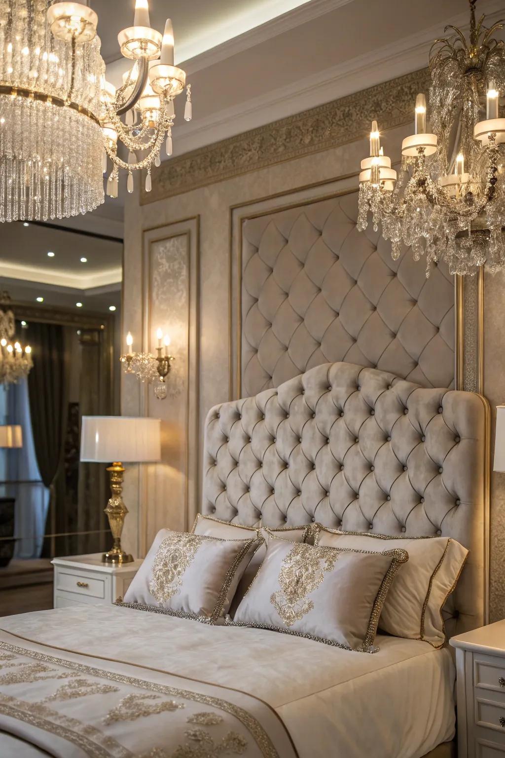 A glamorous bedroom with a luxe tufted headboard.