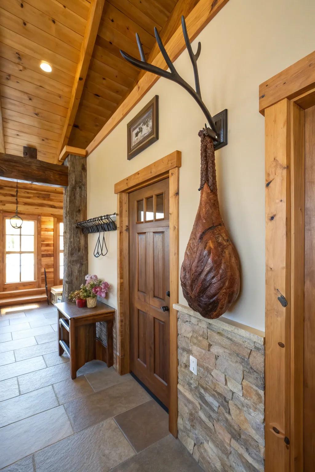 A quirky wildfowl leg coat hanger in a rustic entryway.