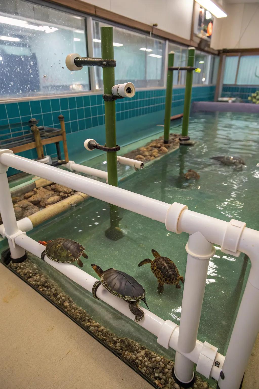 Piping generates a thrilling playground for the turtle's enjoyment.