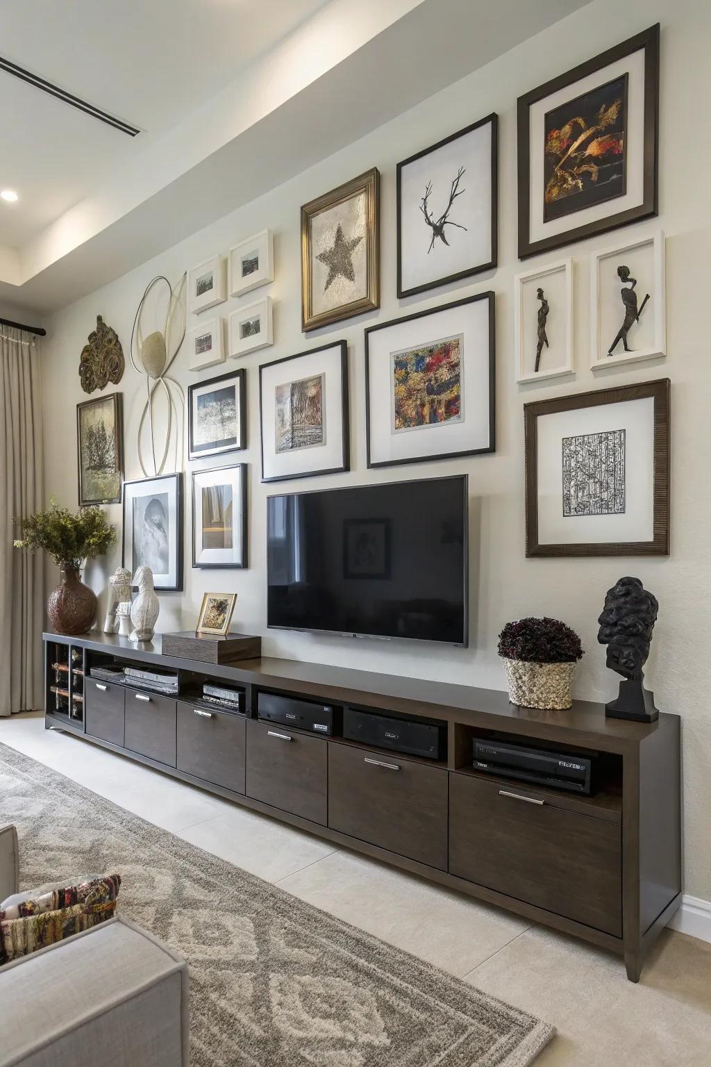 Sculptural pieces add dimension to this one-of-a-kind TV gallery wall.