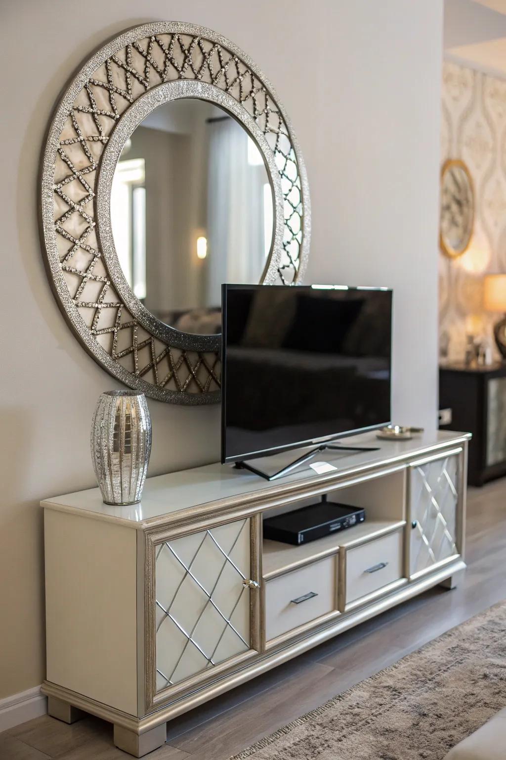 A mirror enhances the lighting and size perception of your TV stand decor.