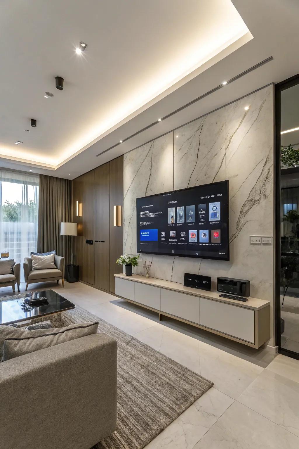 Smart tech integration brings modern convenience to this TV wall.