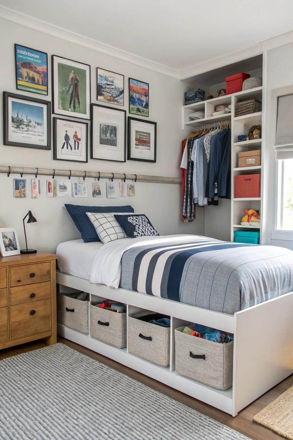 A tidy room with storage solutions.