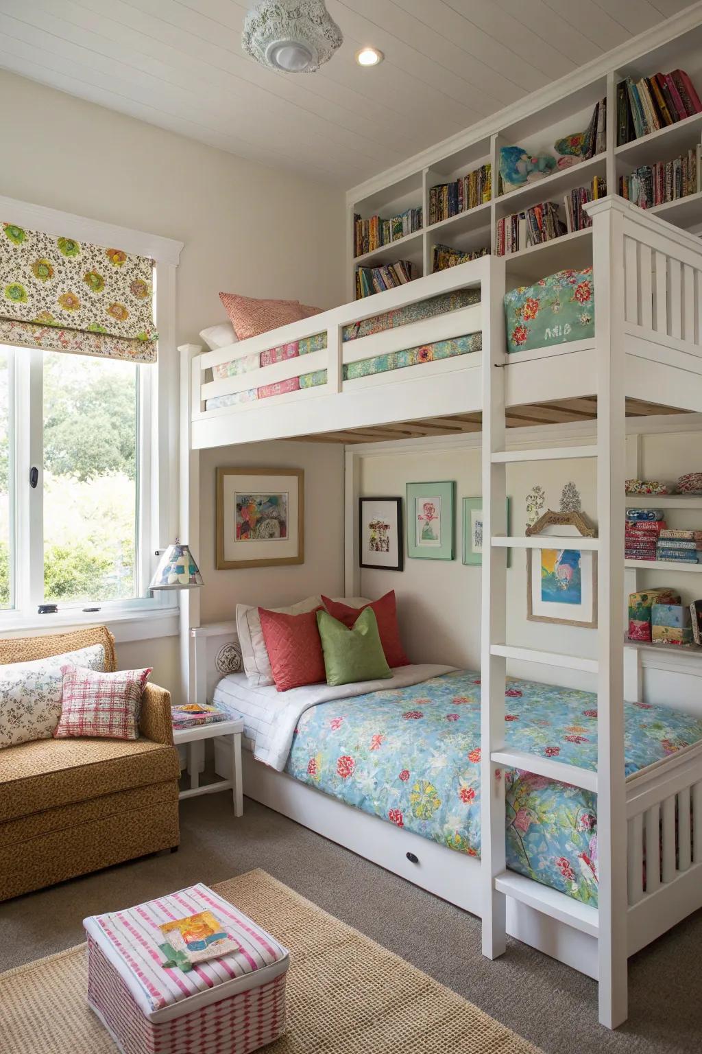 Loft beds create additional functional space in the twin room.