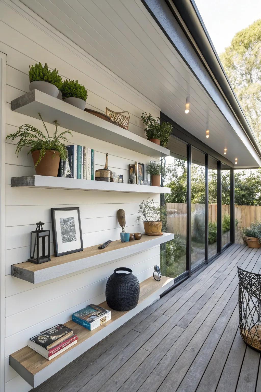 Levitating shelves offer a minimalist and stylish stowage option.