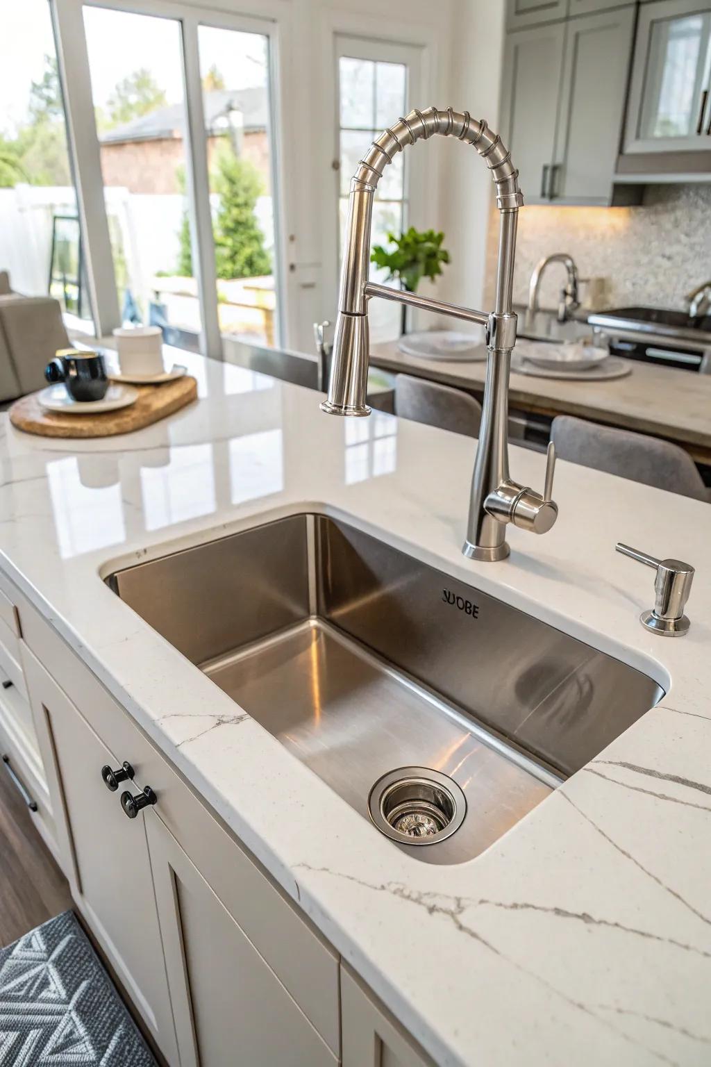 An offset drain undermount sink, enhancing kitchen efficiency.