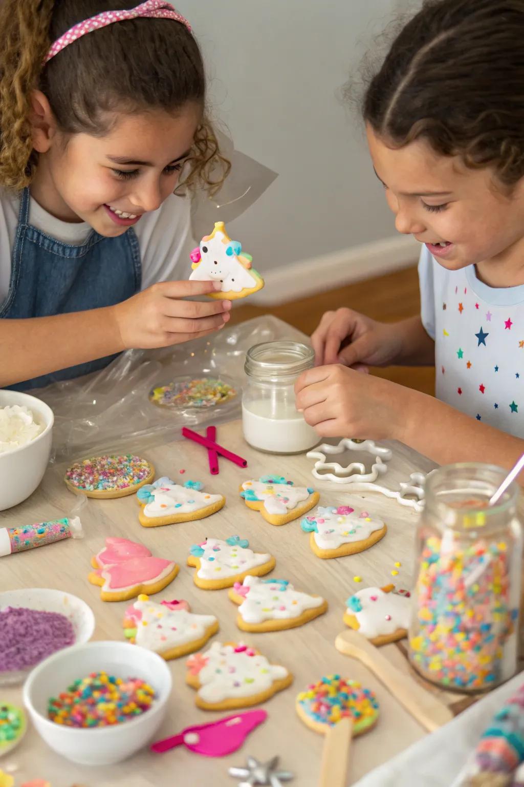 Children embellishing unicorn bites with colorful coating.