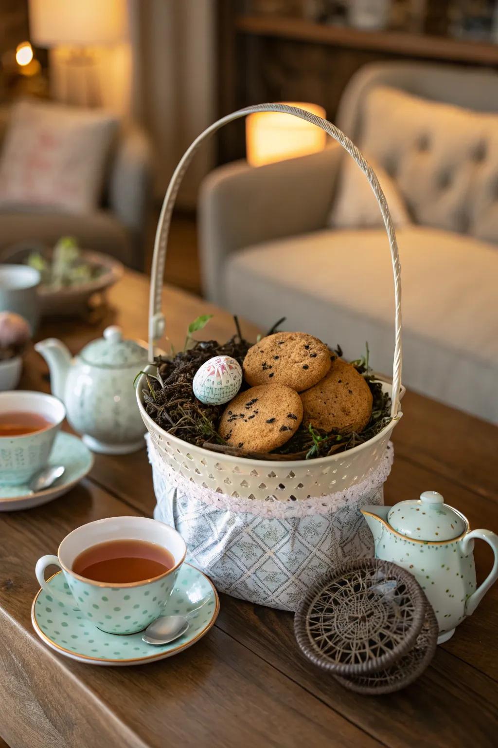 A tea time basket designed for the tea connoisseur.