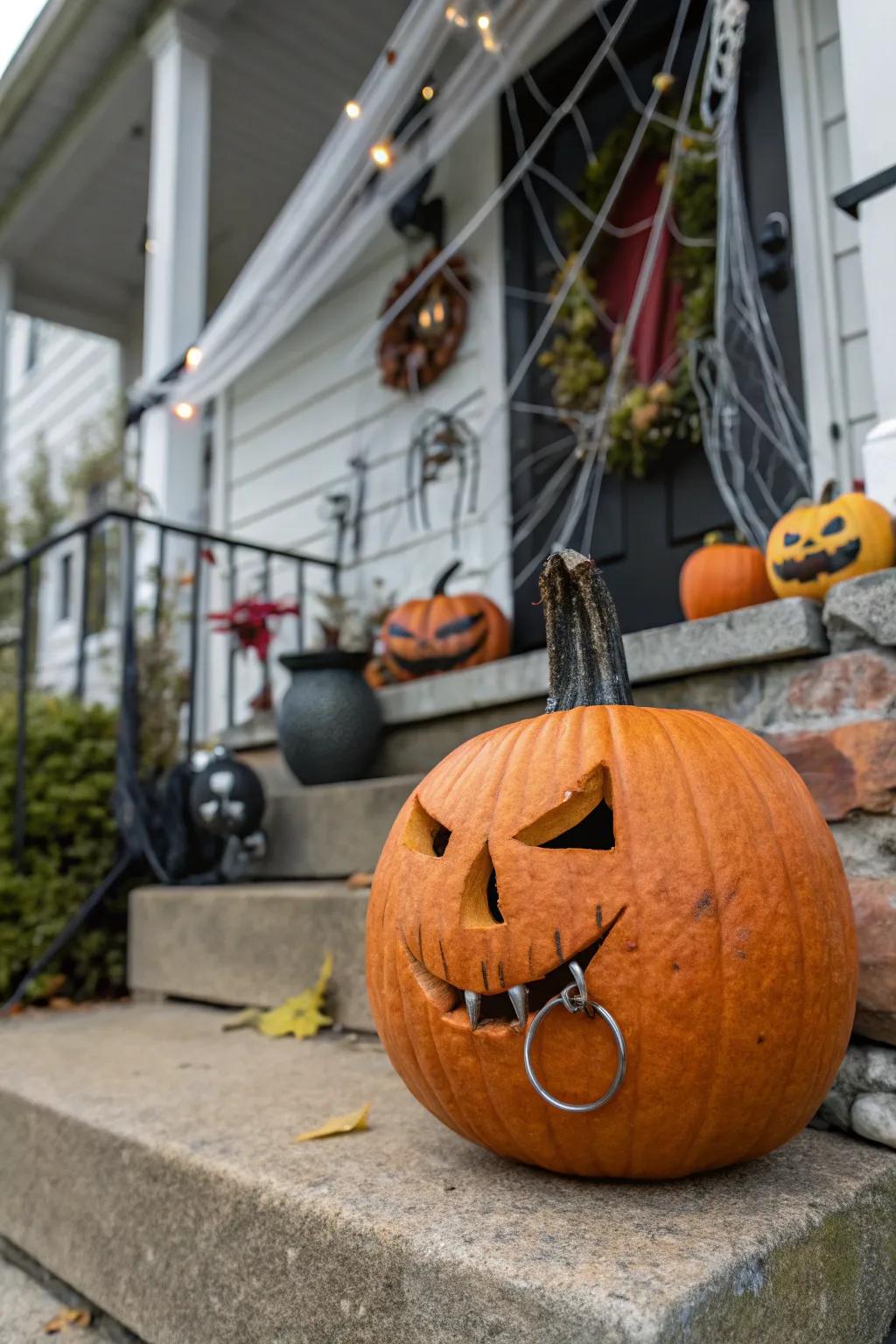 A pumpkin sporting a face piercing for a punky vibe.