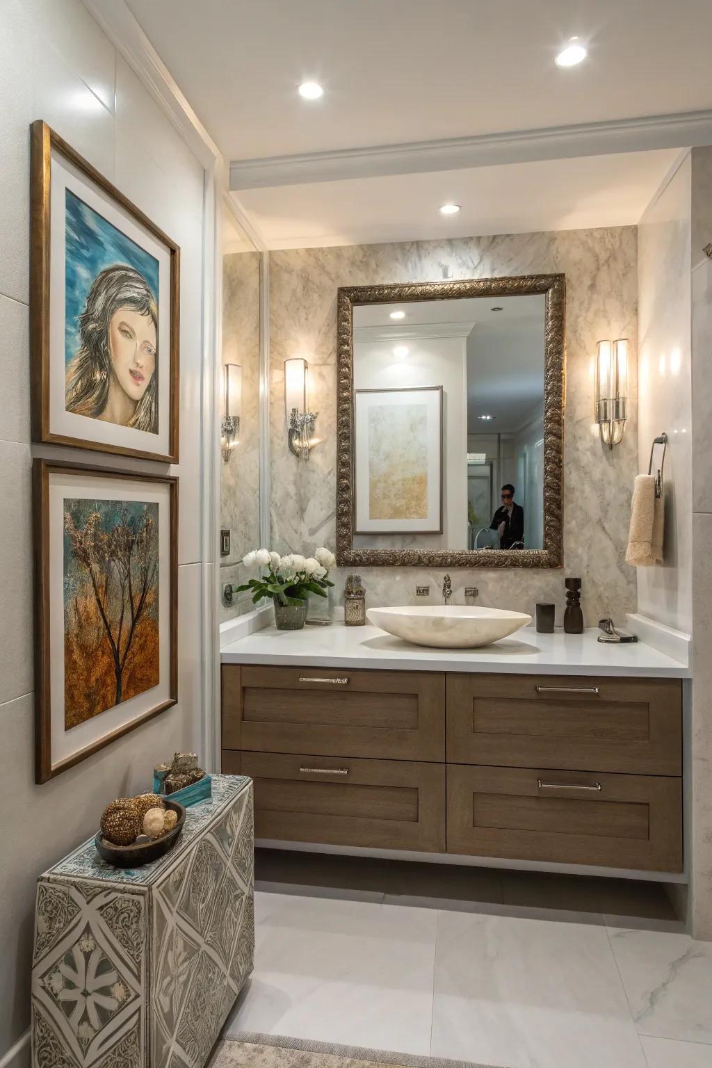 Artistic accents personalize and enhance the bathroom.