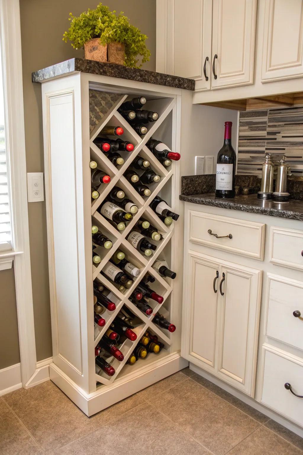A wine rack corner cabinet creates a chic focal point.