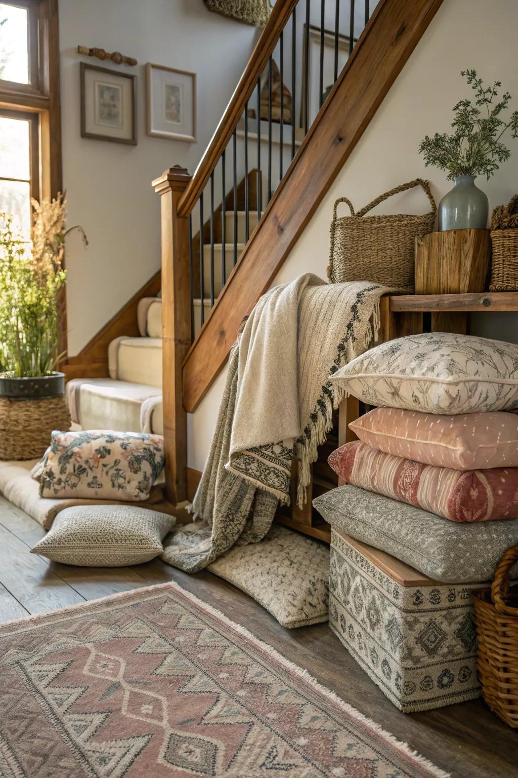 Layered textures enrich the upstairs landing.