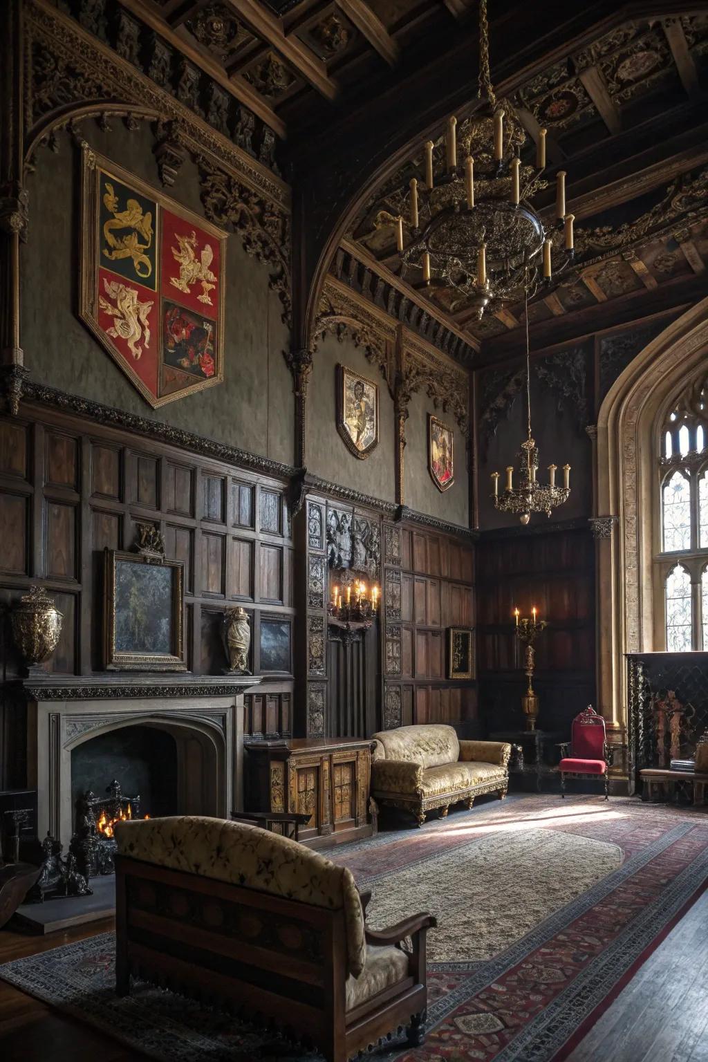 Medieval-themed decor evokes a sense of history.