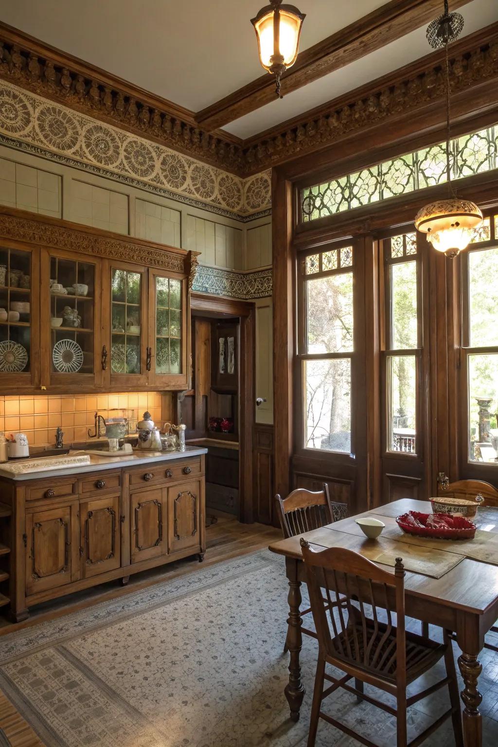 Decorative edging and trim contribute architectural interest to Victorian kitchens.