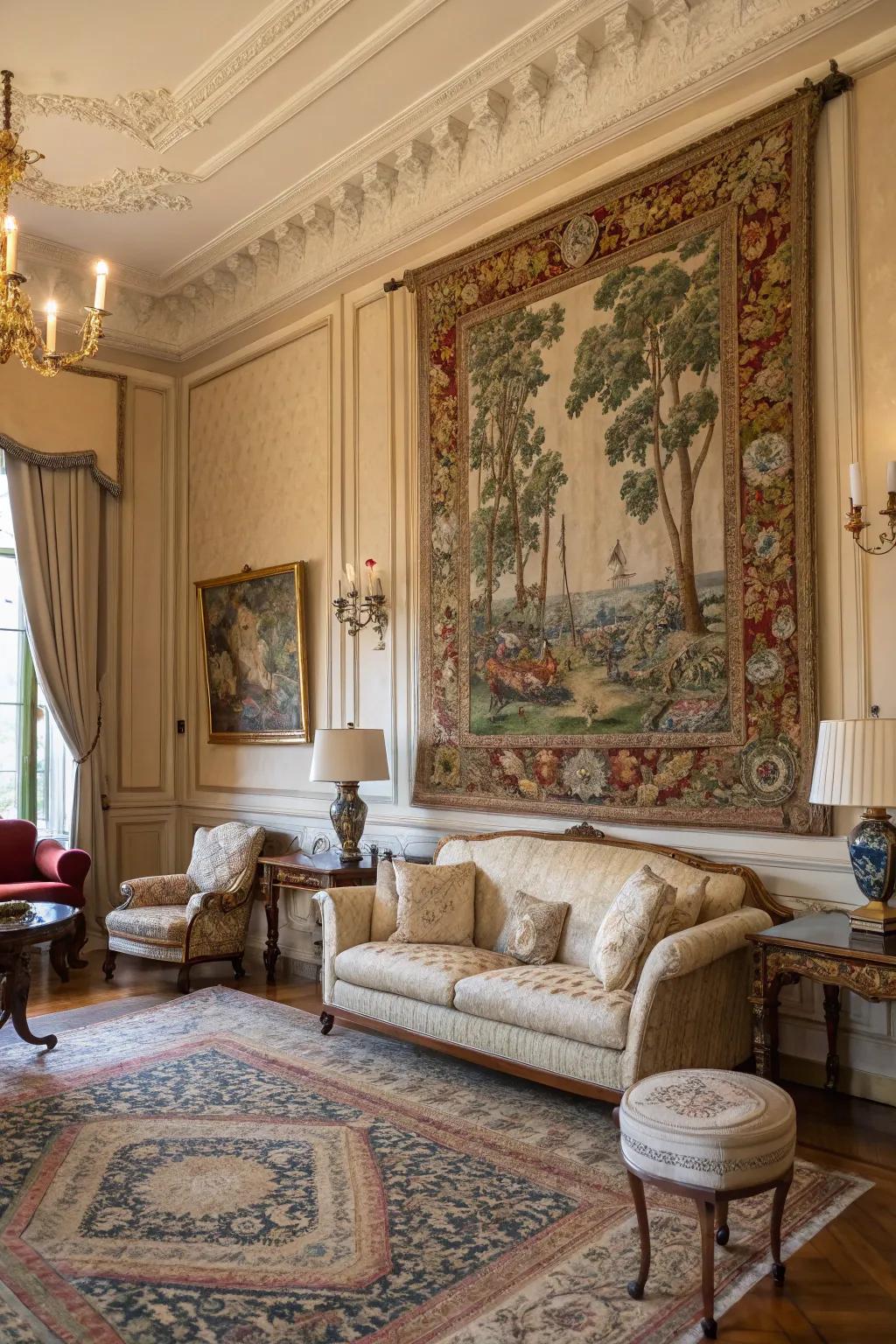 A decorative tapestry introduces texture and historical charm to the space.