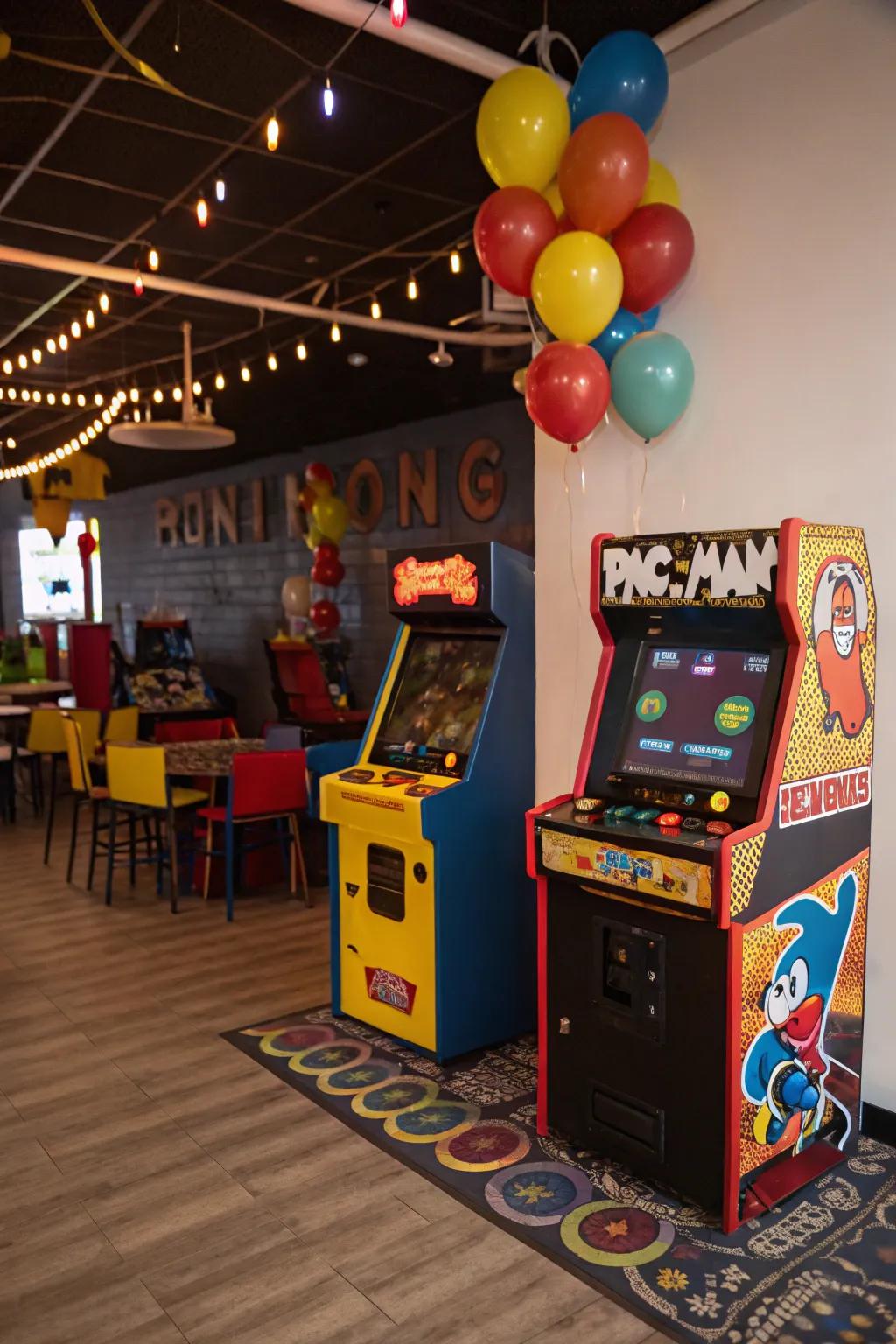 An old school arcade area brings back classic gaming fun.