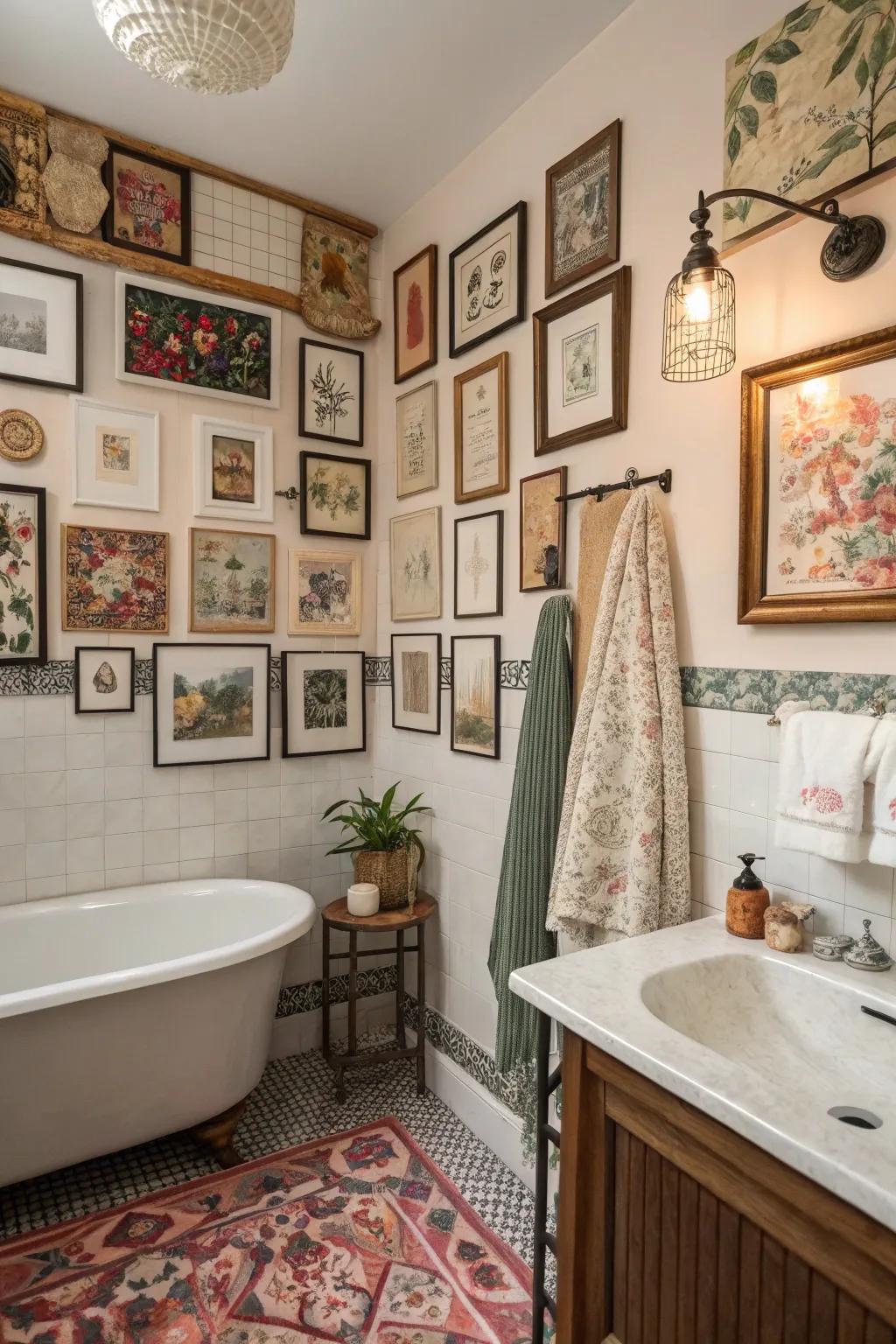 A gallery wall gives personal expression and history to your bathroom.