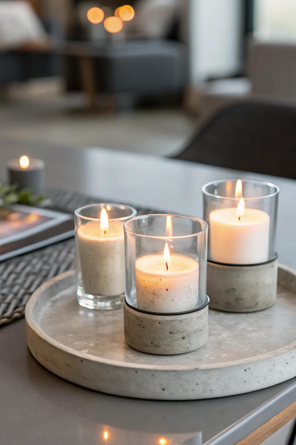 Industrial materials give votive lights a modern edge.