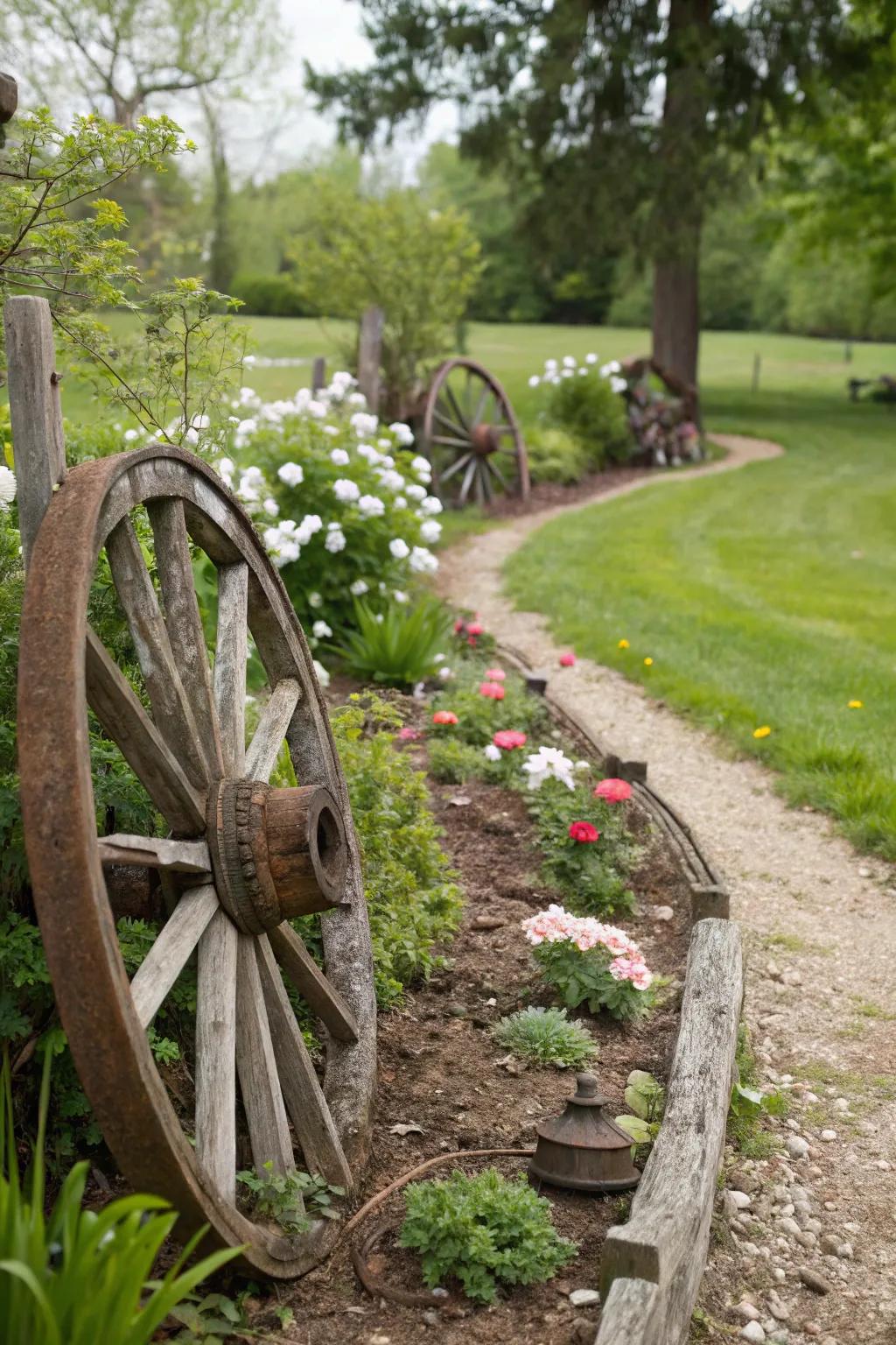 Half-buried cart wheels lining a garden path, offering whimsical guidance.