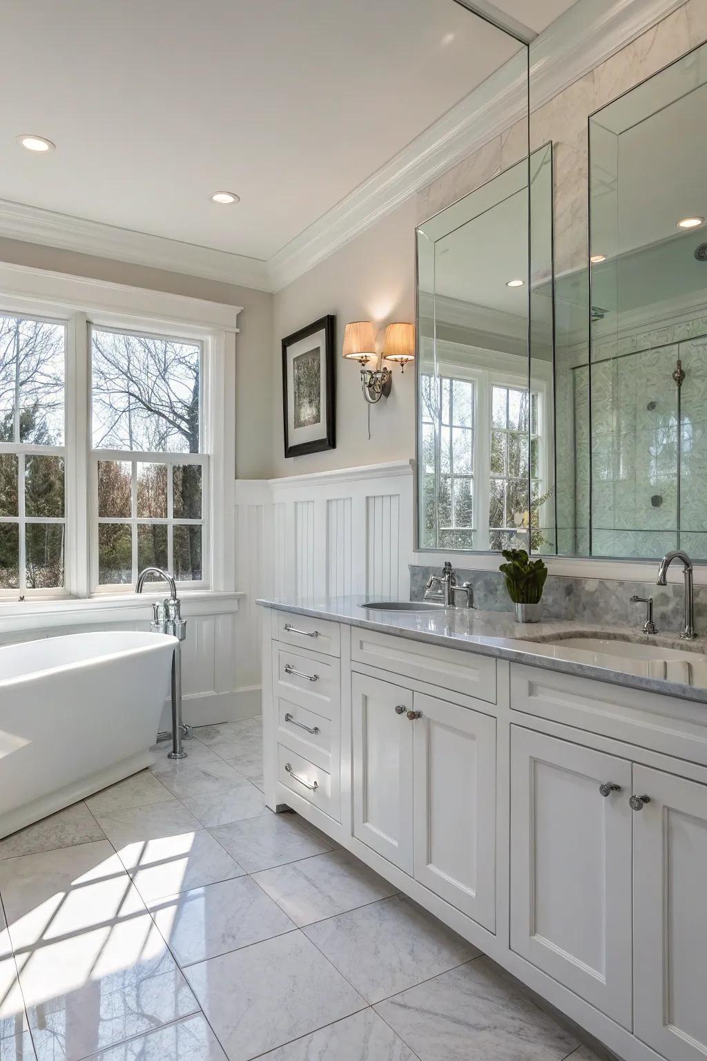 Glass features and white wainscoting create a sleek, modern bathroom.