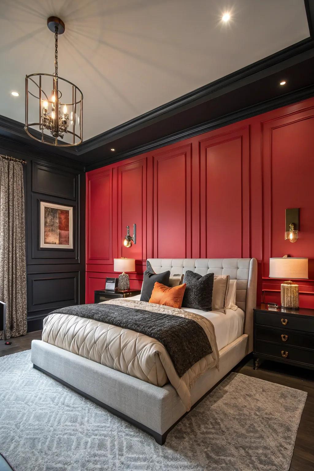 Daring hues within wainscoting establish a striking and comfortable escape.