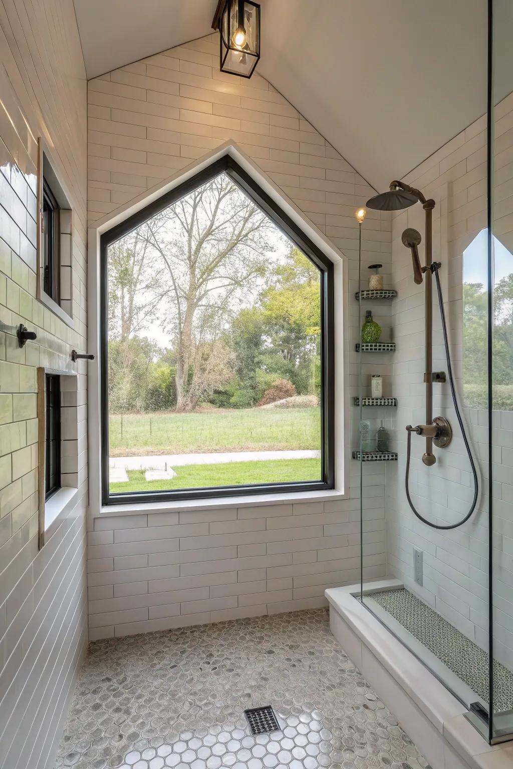 A custom-shaped window in a walk-in shower, adding a unique design and character.