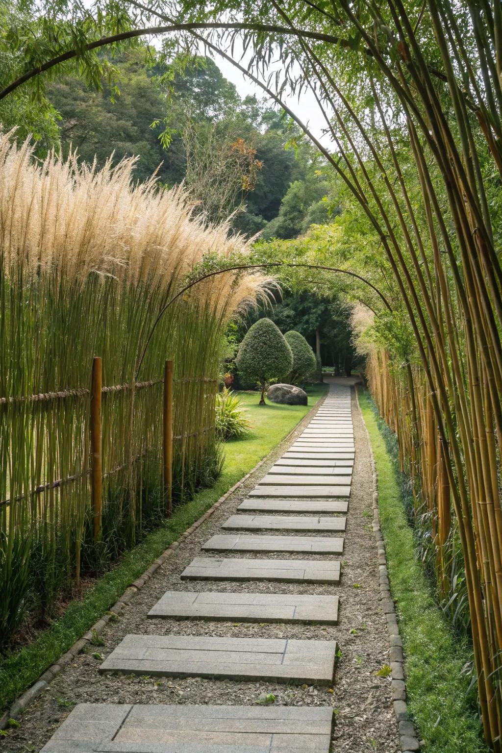 Bamboo paths bordered by grasses offer exotic flair.