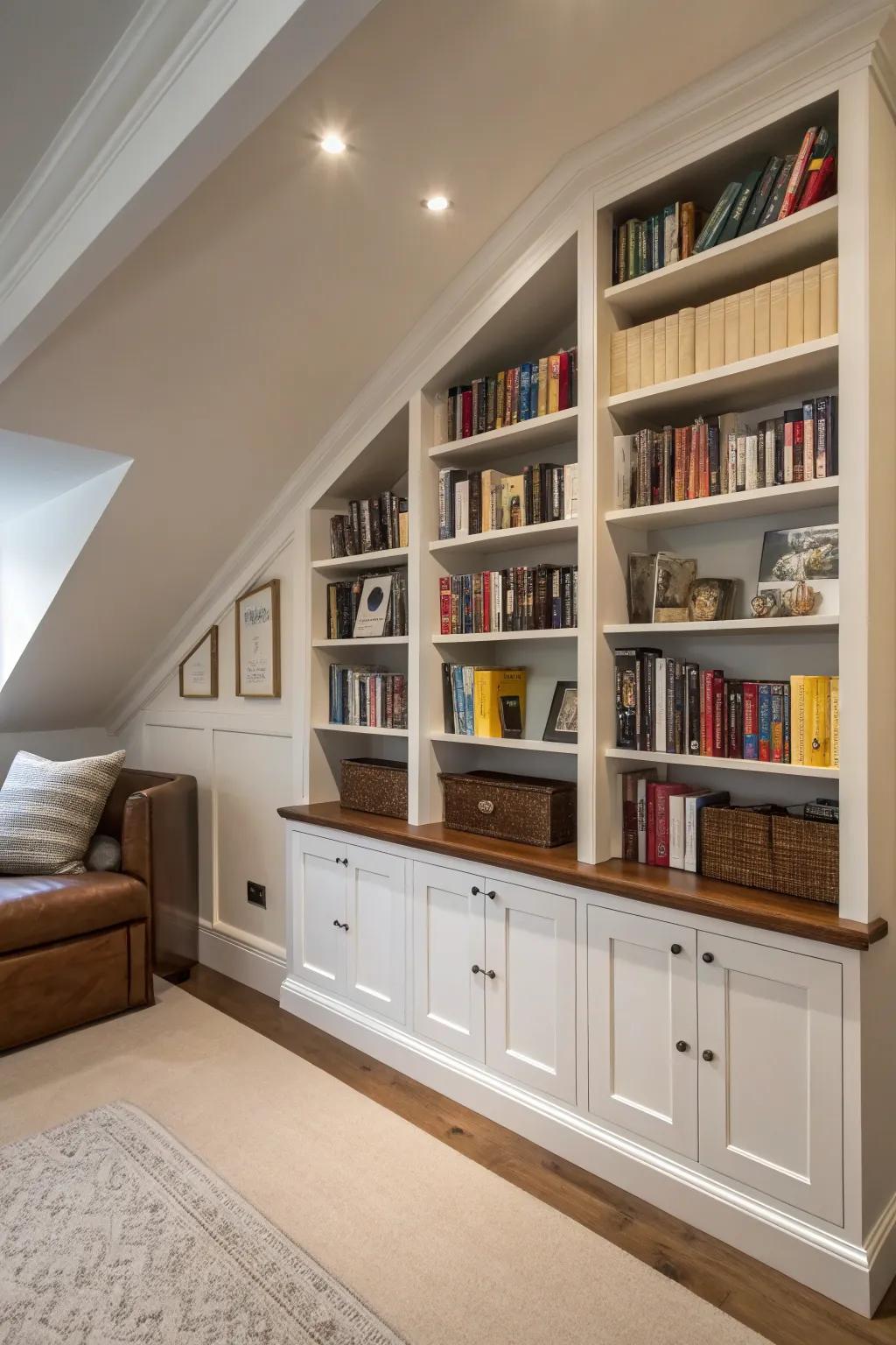 Custom-fit shelves make the most of uneven spaces.