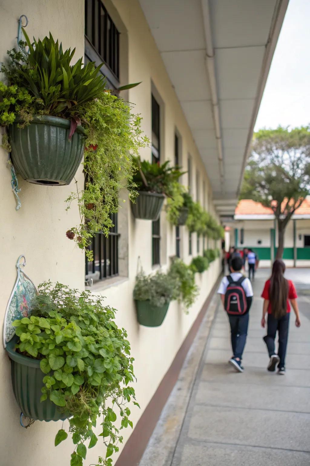 Suspended planters adding greenery to a school wall