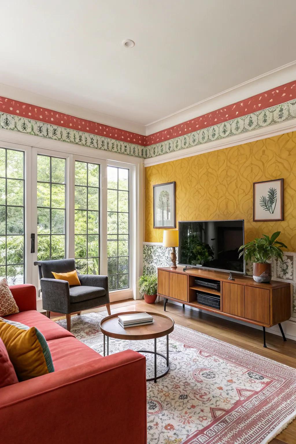 A vibrant living room energized by a contrasting color wallpaper border.