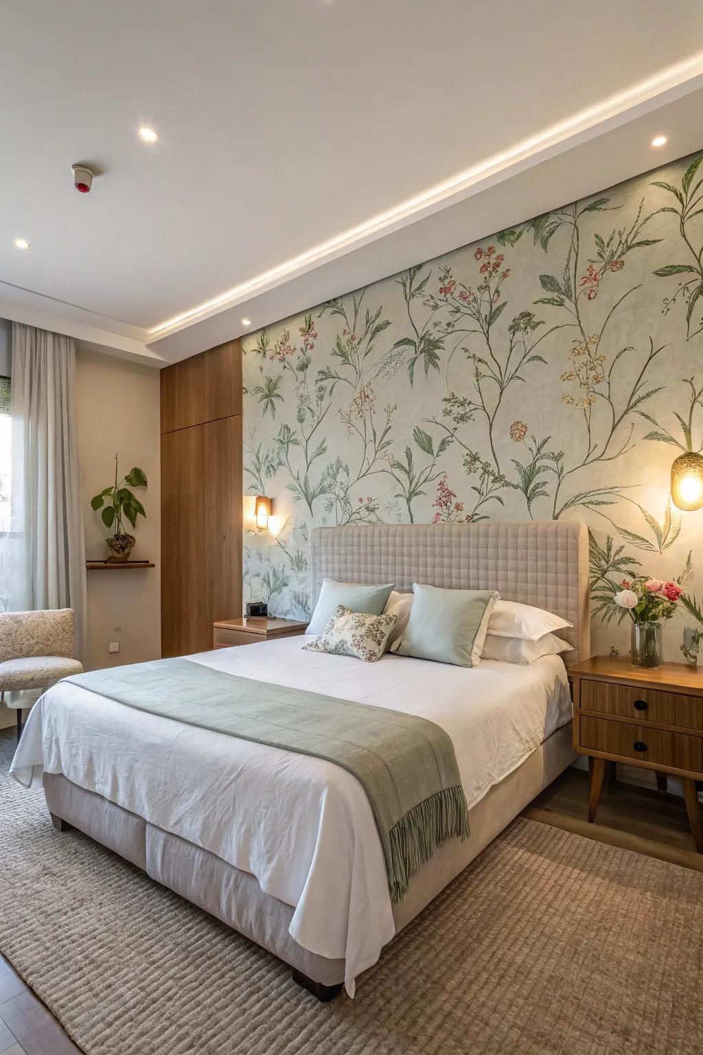 Nature-inspired motifs evoke balance and peace in a bedroom setting.