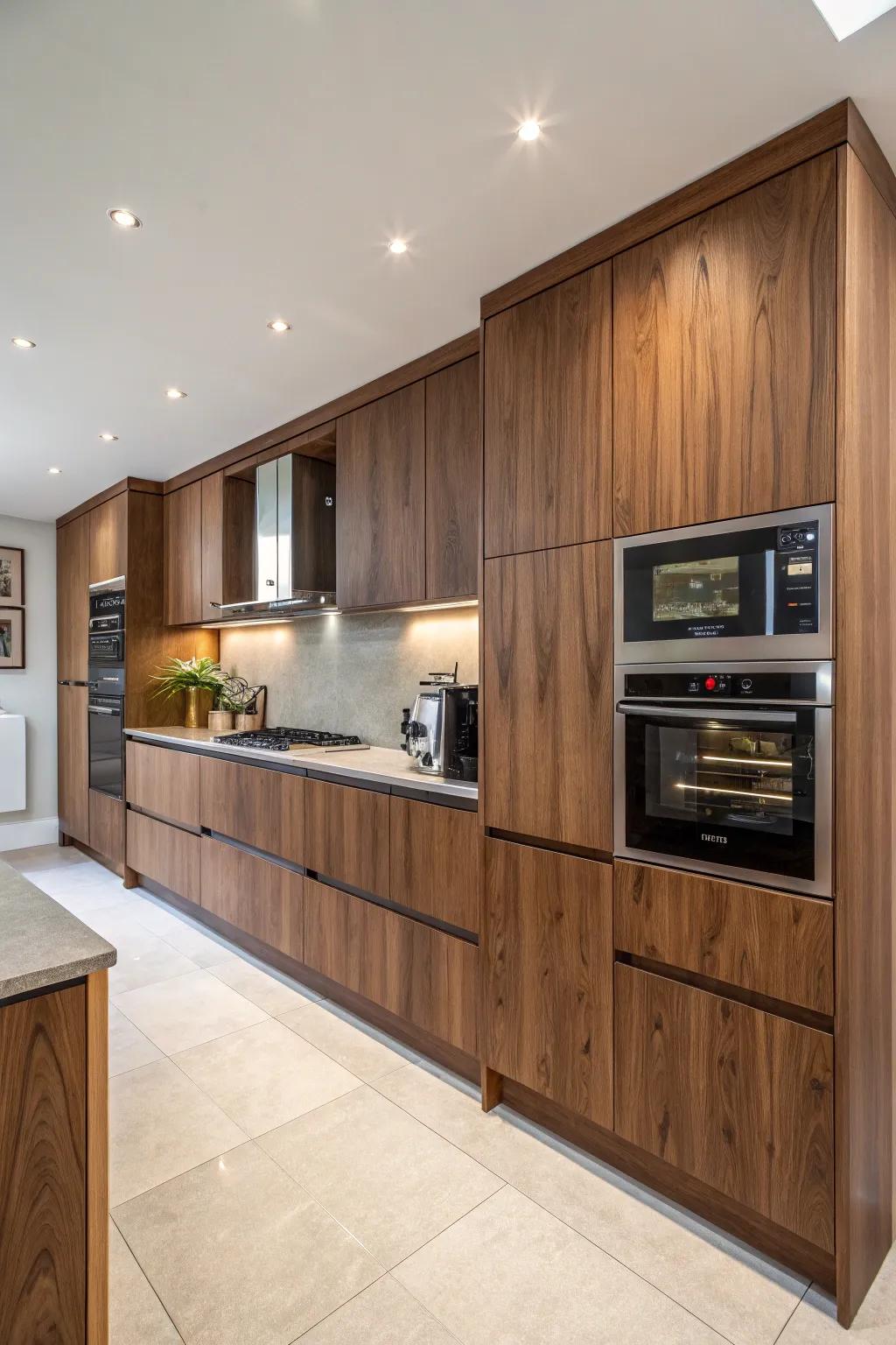 Smart technology integrates seamlessly with pecan finish cabinetry.