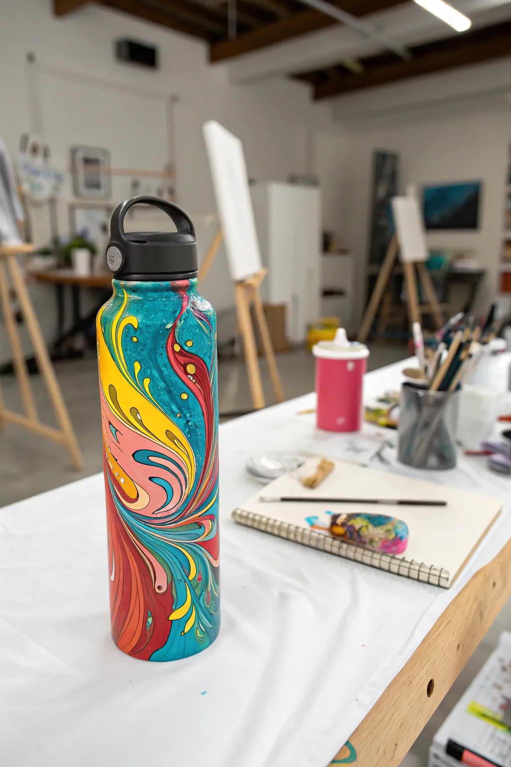 A hydration bottle showcasing an abstract pigment run design.