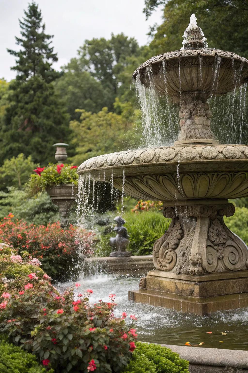 A creative fountain water feature serves as a garden centerpiece.