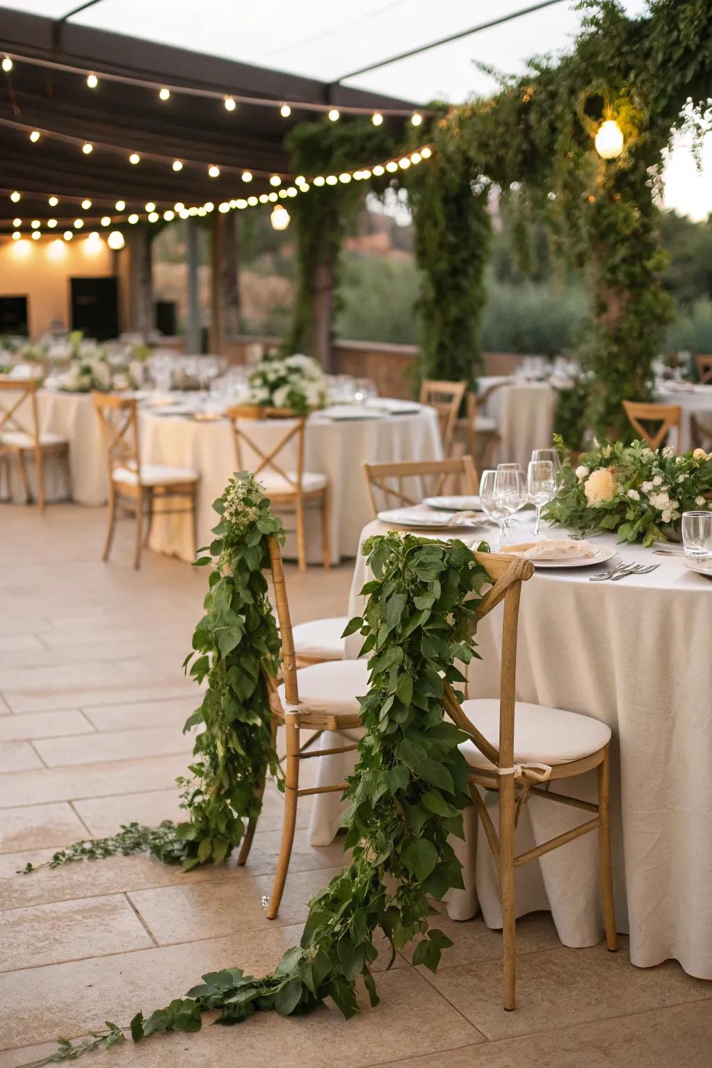 Wedding tables and chairs beautifully decorated with full greenery swags.
