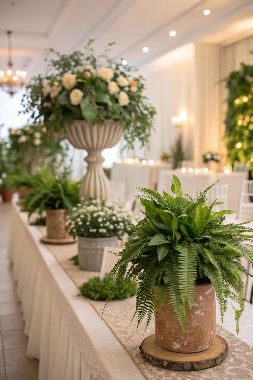 Potted botanicals bring life and sustainability to wedding decor.