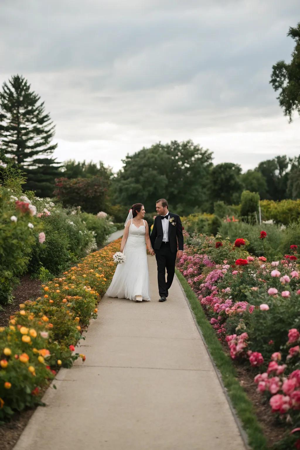 A bloom-lined walkway injects natural beauty into the duo's entrance.