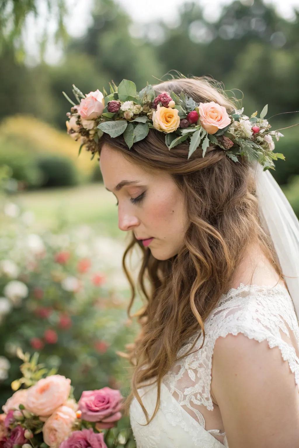 A bohemian bride adorned with a beautiful flower circlet.