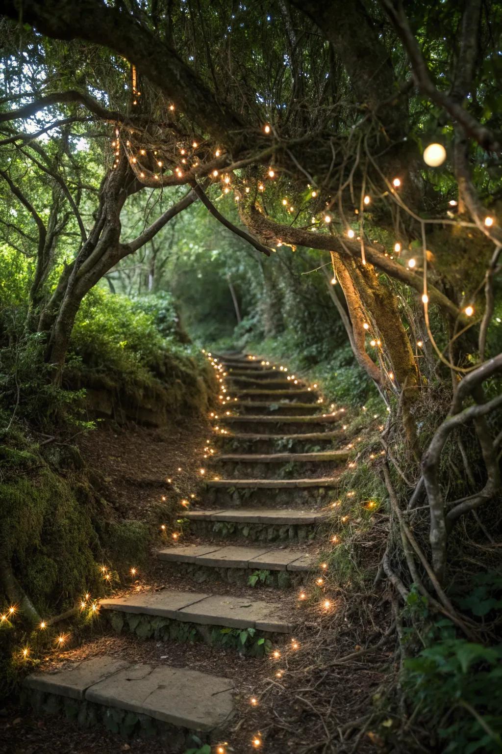 A fairytale forest theme establishes a captivating, storybook setting on this staircase.