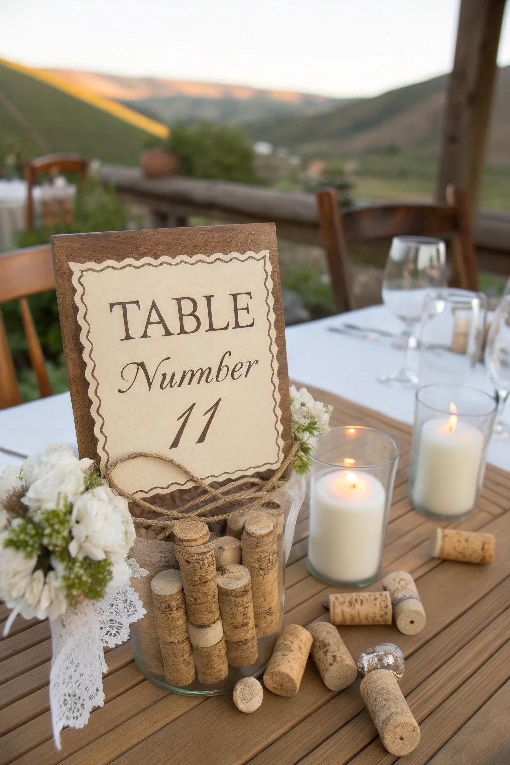 For vineyard-themed weddings, corks give a distinctive touch.
