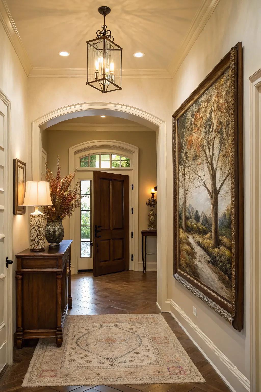 A canvas featuring concealed facets that entices scrutiny in a welcoming entryway.