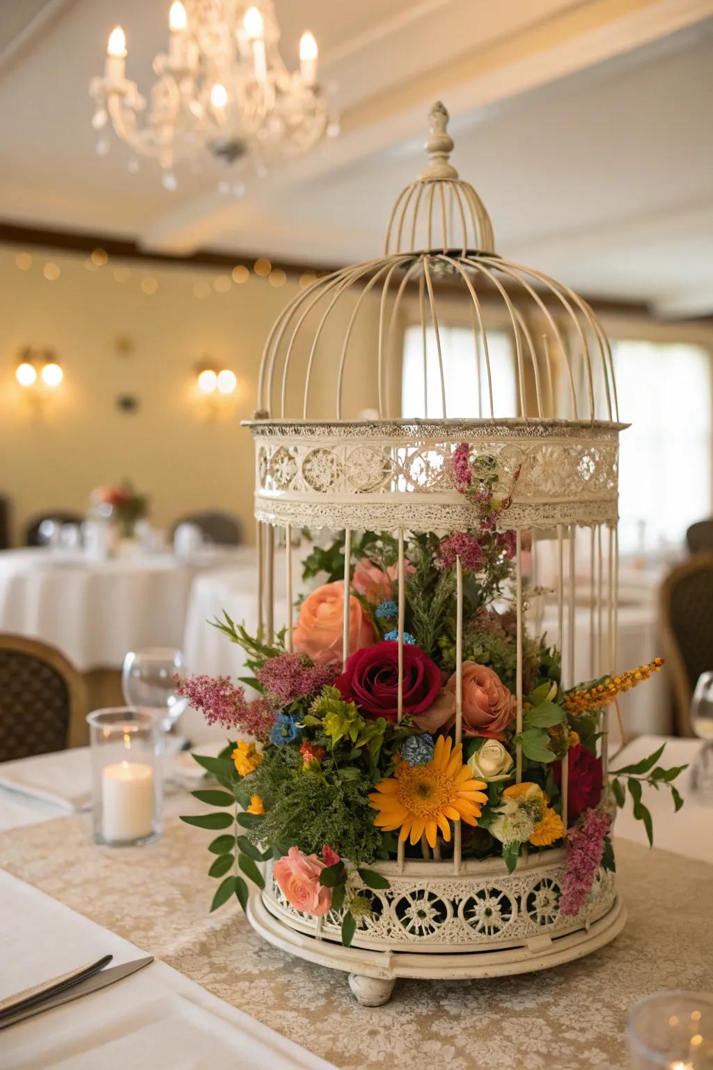 A classic birdcage loaded with flowers features wonder and height for your table decor.