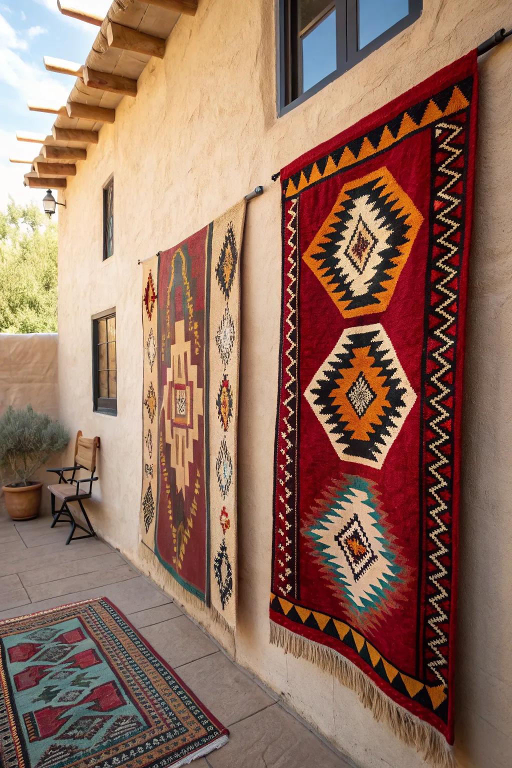 Southwestern rug providing a bold wall statement.