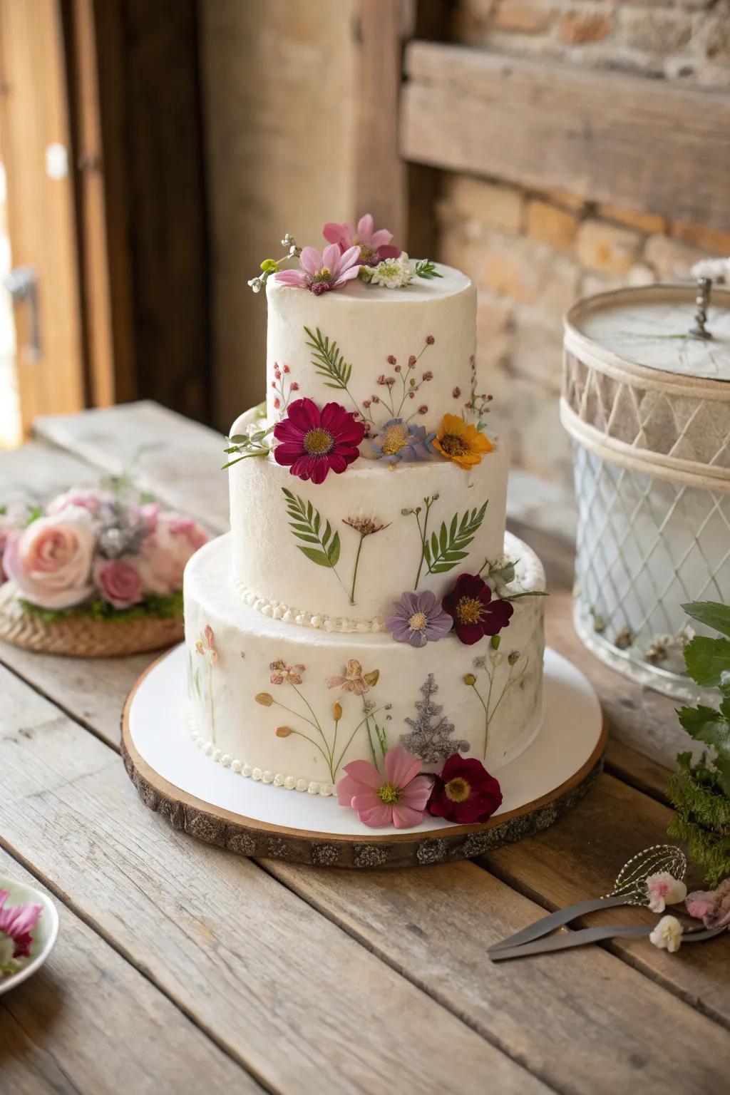 Cake featuring beautiful pressed blossoms.