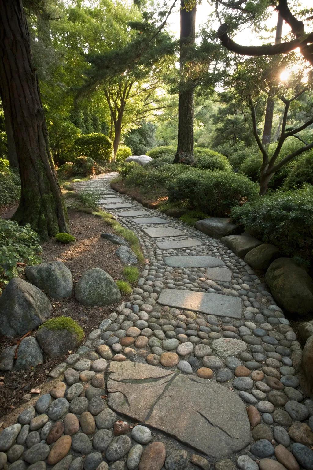 Smooth stones adding tranquility and a Zen feel to paver paths.