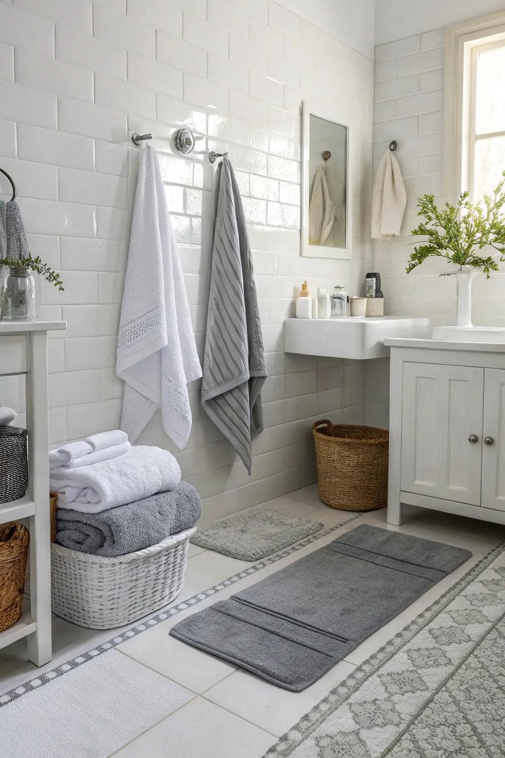 Uniform color accents add subtle texture to this white bathroom.