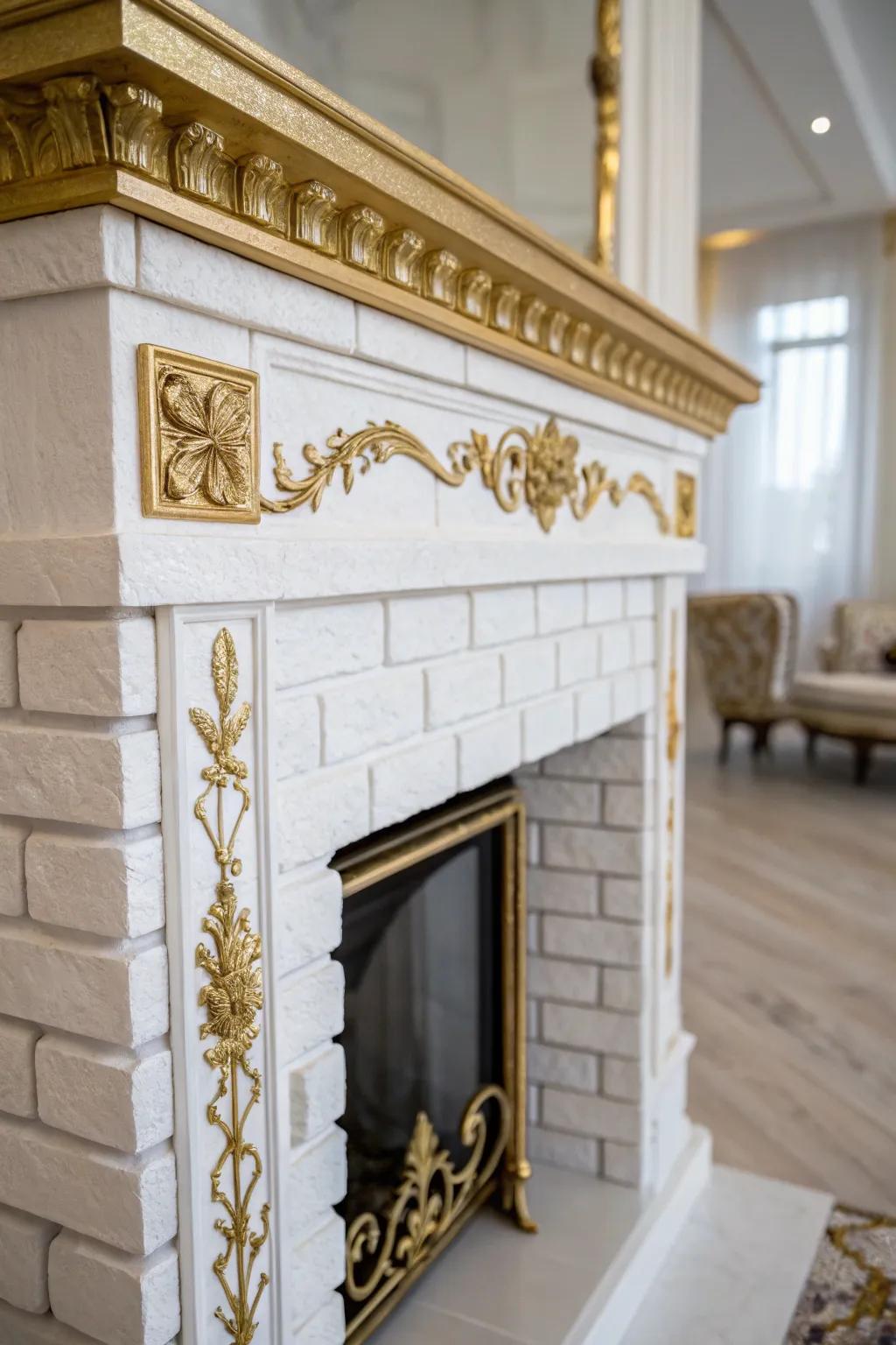 Golden accents add a luxurious touch to the white brick fireplace.