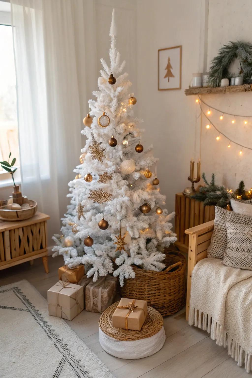 Nordic simplicity via timber and felt on a white Christmas tree.