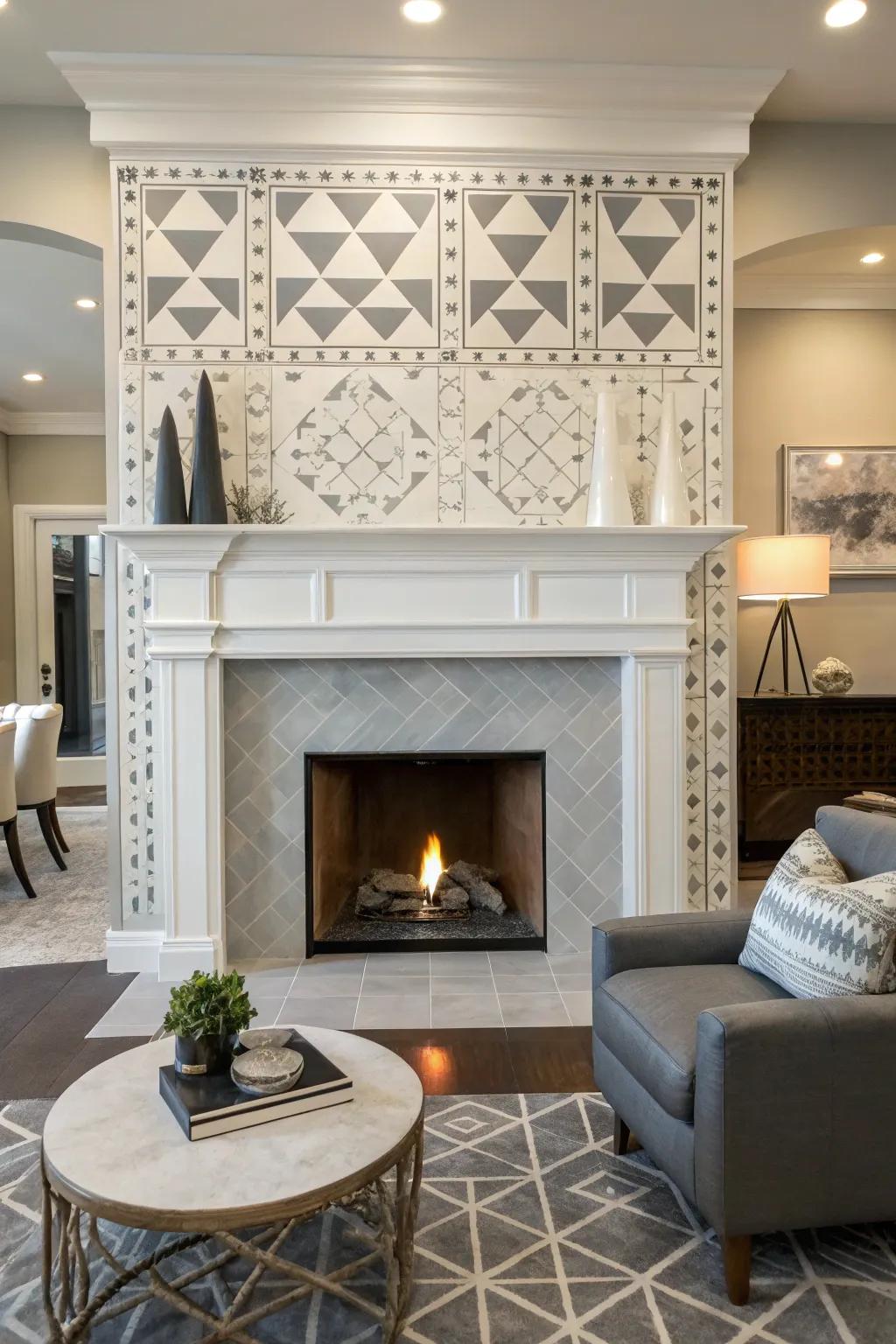 Geometric patterns add a modern edge to a white fireplace.
